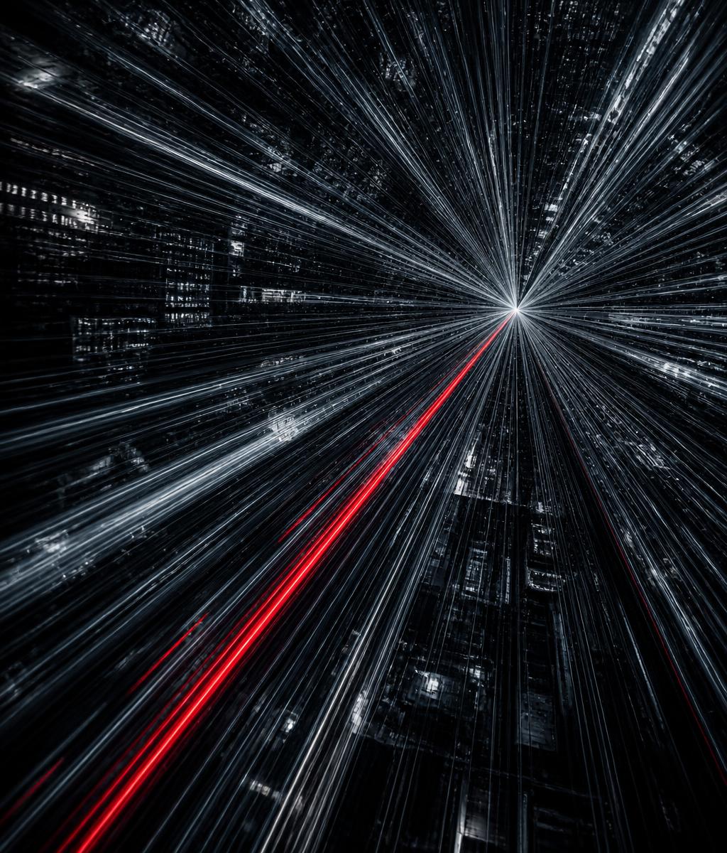 Abstract network of light trails converging into a single bright signal point